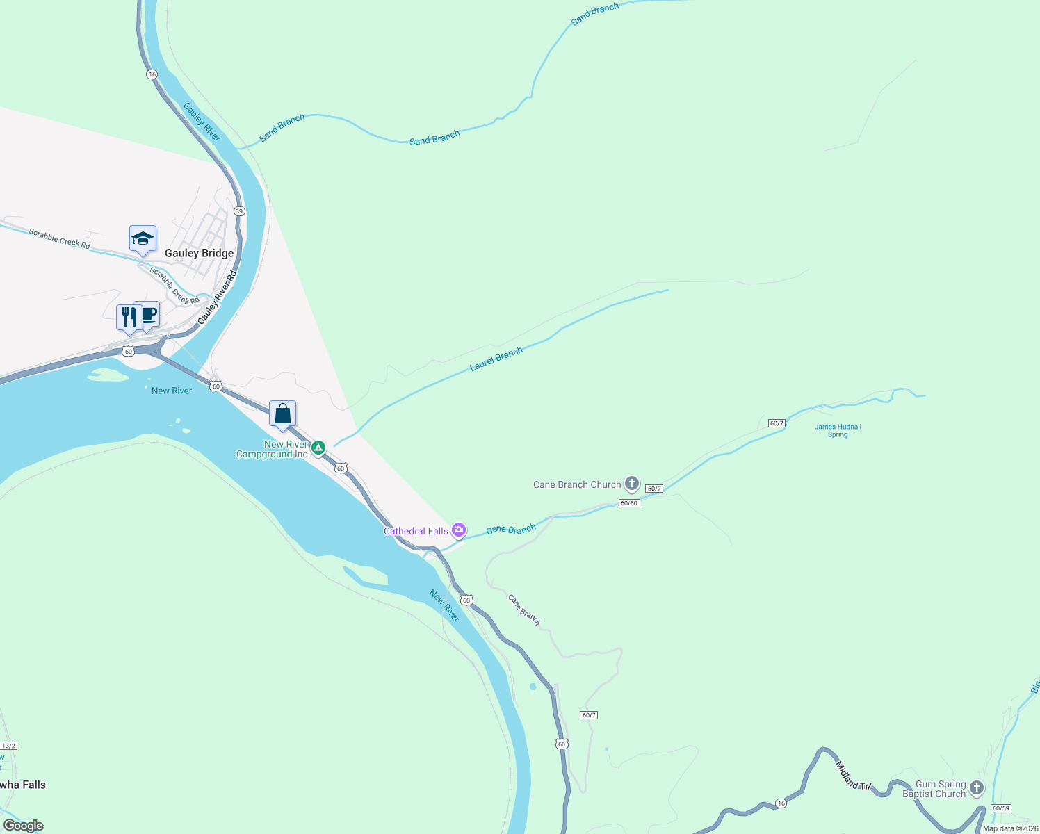 map of restaurants, bars, coffee shops, grocery stores, and more near Taylor Hill Road in Gauley Bridge