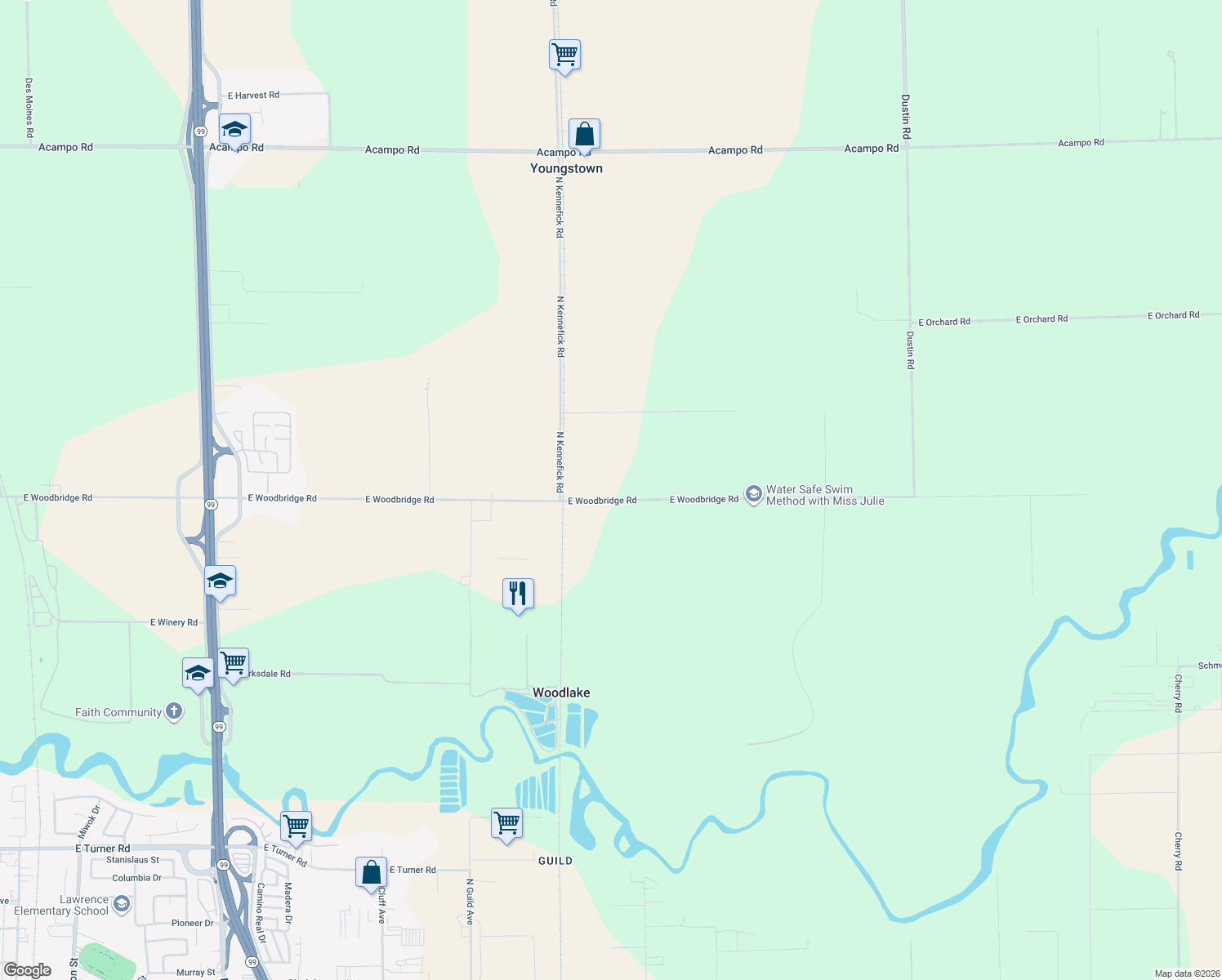 map of restaurants, bars, coffee shops, grocery stores, and more near 6231 Woodbridge Road East in Acampo