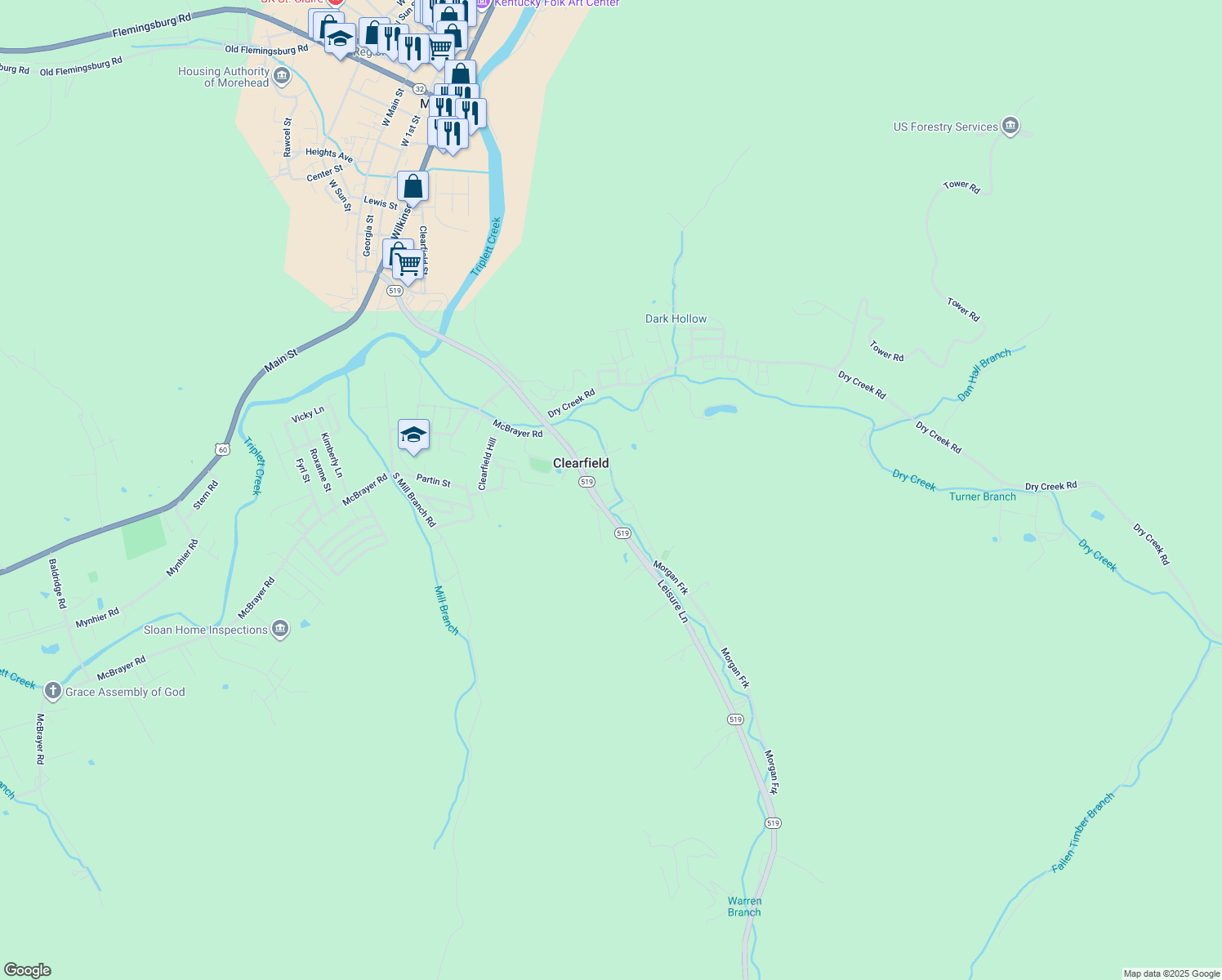 map of restaurants, bars, coffee shops, grocery stores, and more near 286 Whispering Pines in Clearfield