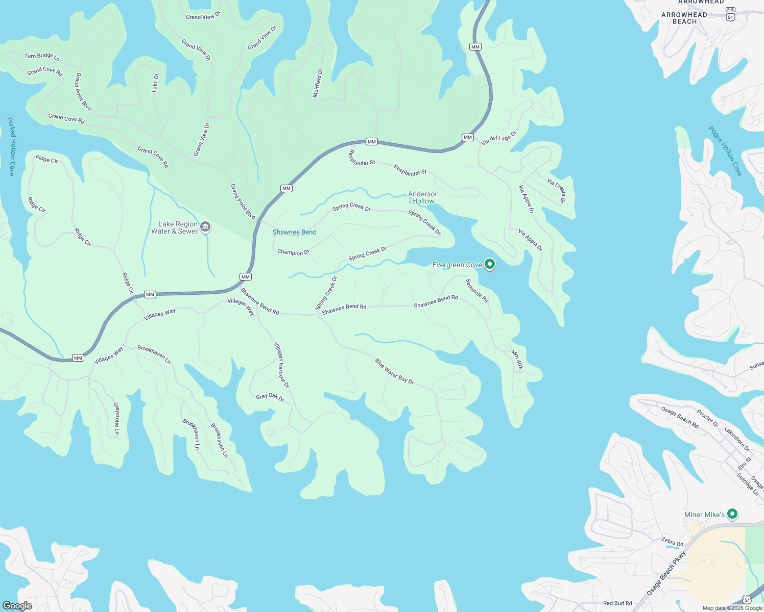 map of restaurants, bars, coffee shops, grocery stores, and more near Shawnee Bend Road in Sunrise Beach