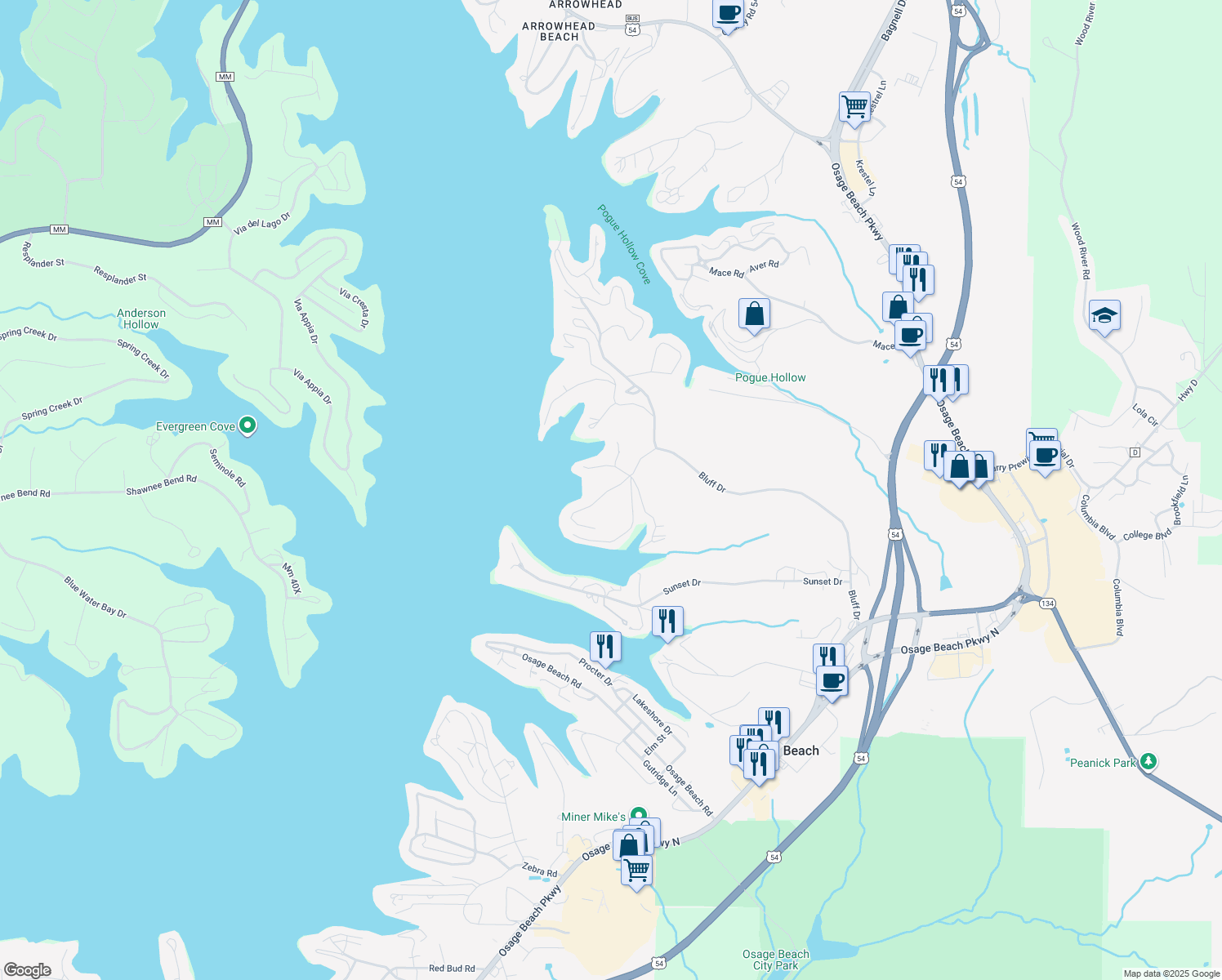 map of restaurants, bars, coffee shops, grocery stores, and more near 1360 Gerald Lane in Osage Beach