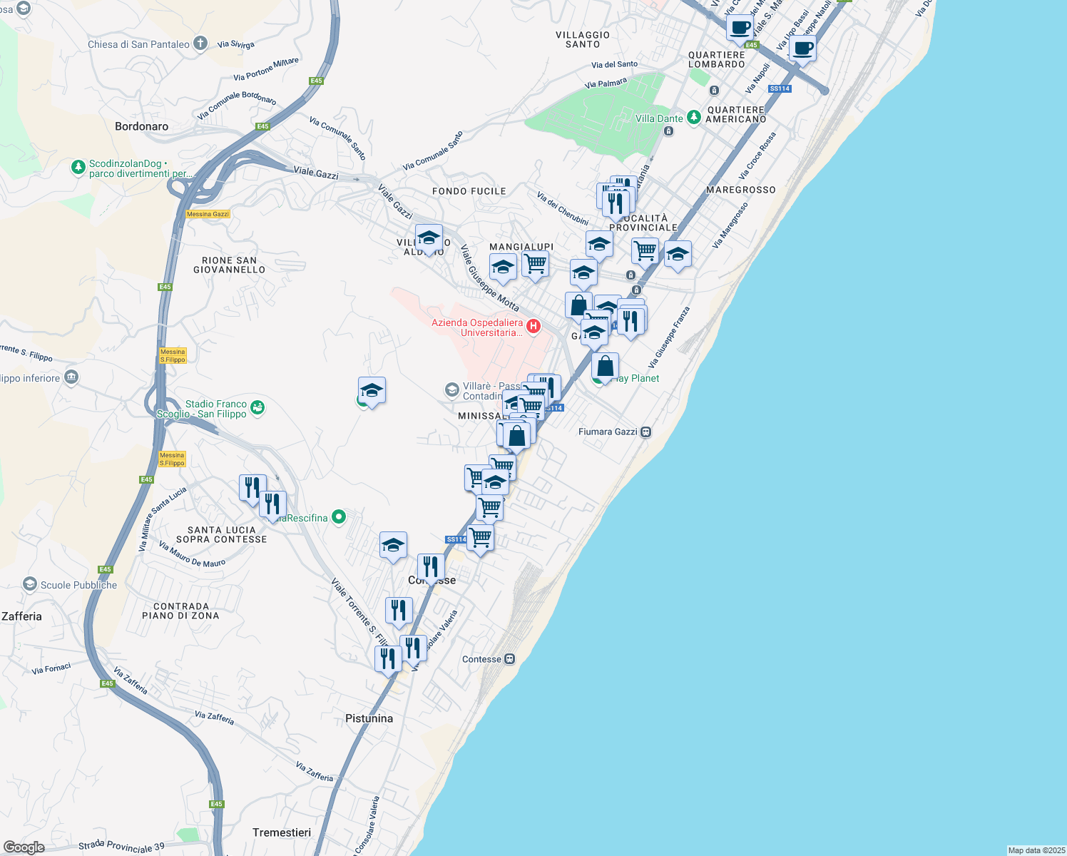 map of restaurants, bars, coffee shops, grocery stores, and more near 110 Via Consolare Valeria in Messina