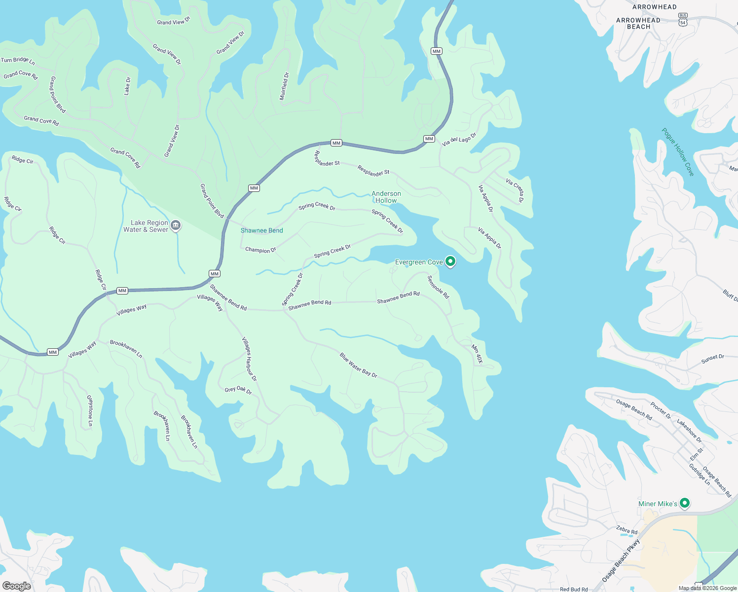 map of restaurants, bars, coffee shops, grocery stores, and more near Shawnee Bend Road in Sunrise Beach