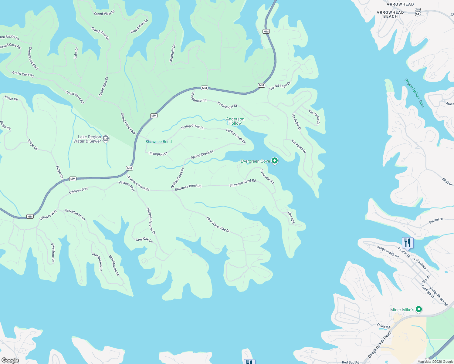 map of restaurants, bars, coffee shops, grocery stores, and more near Ruby Hill Court in Sunrise Beach