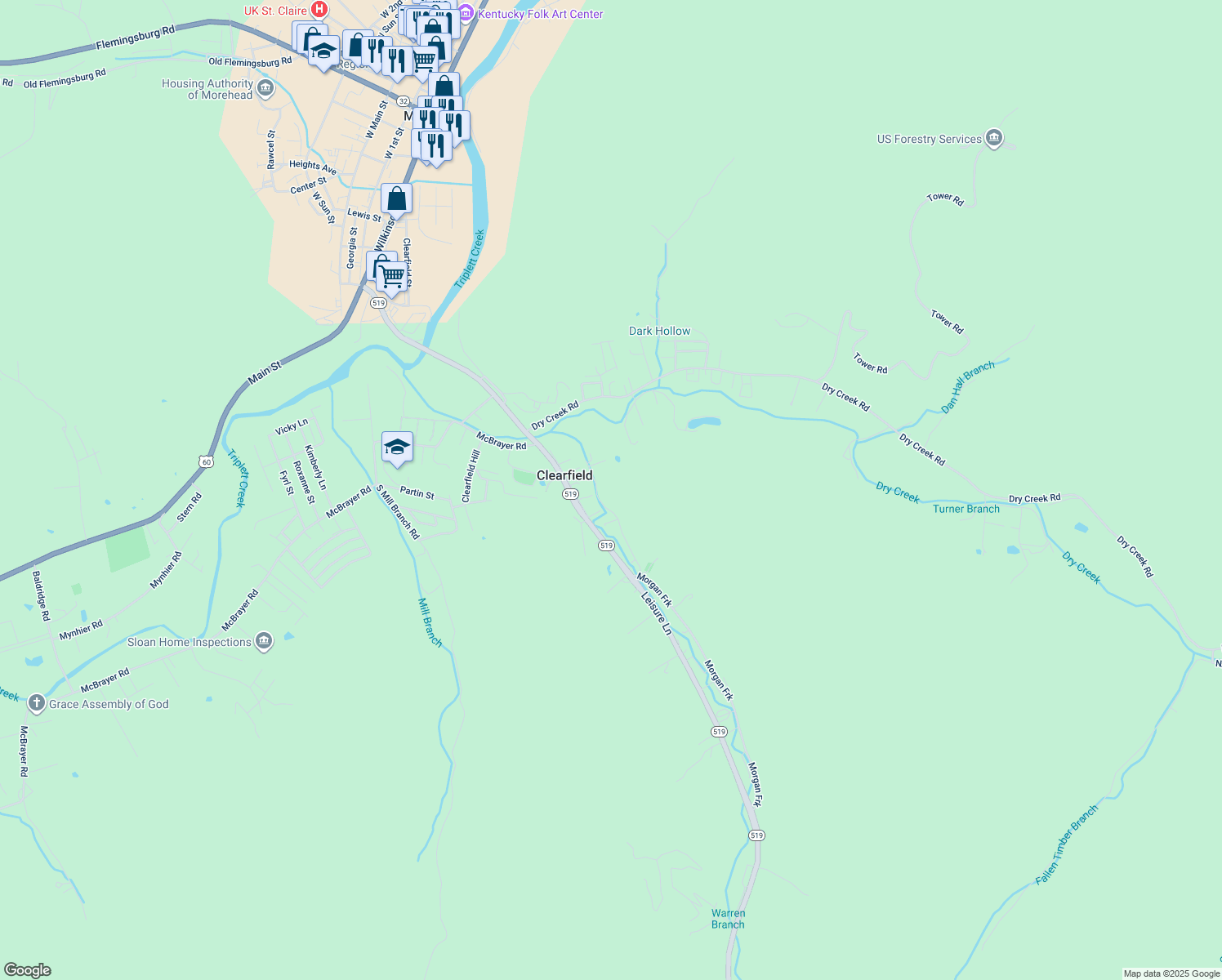 map of restaurants, bars, coffee shops, grocery stores, and more near 286 Whispering Pines in Clearfield