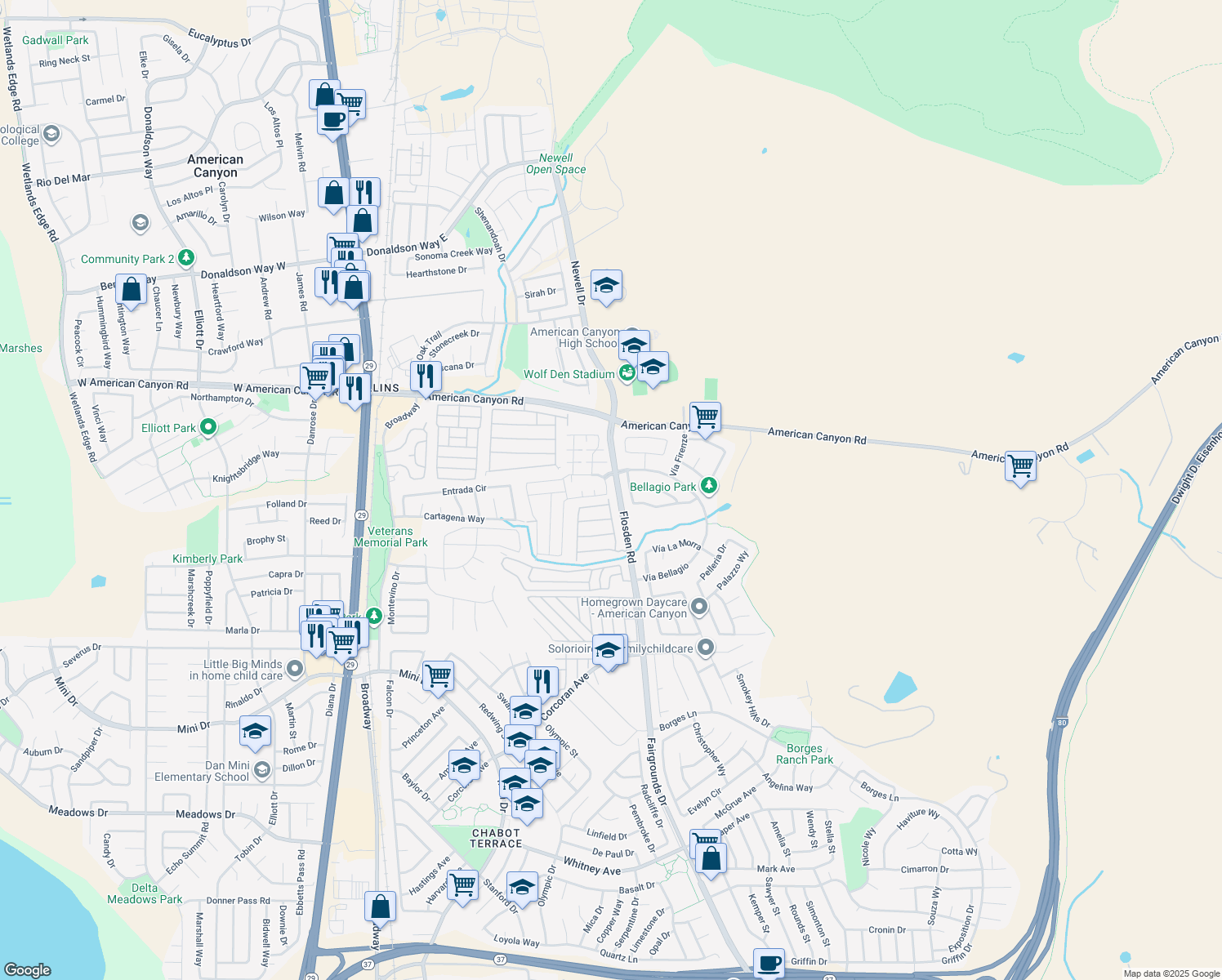 map of restaurants, bars, coffee shops, grocery stores, and more near 890 Spring Mountain Lane in American Canyon