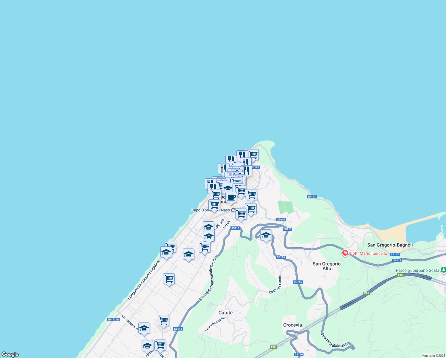 map of restaurants, bars, coffee shops, grocery stores, and more near 35 Via Andrea Doria in Capo D'orlando