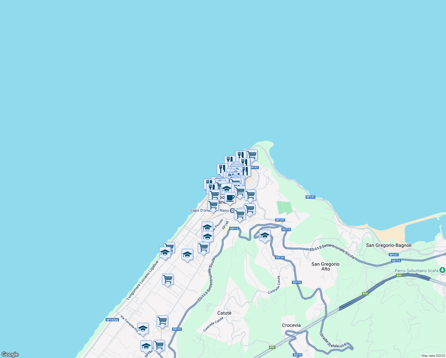 map of restaurants, bars, coffee shops, grocery stores, and more near 35 Via Andrea Doria in Capo D'orlando