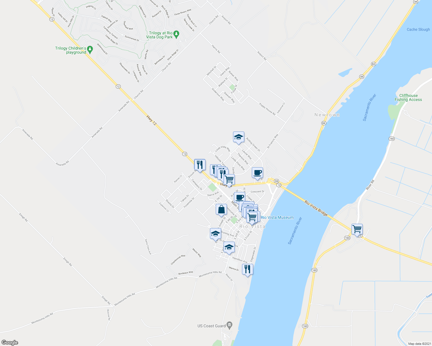 map of restaurants, bars, coffee shops, grocery stores, and more near 949 Flores Way in Rio Vista