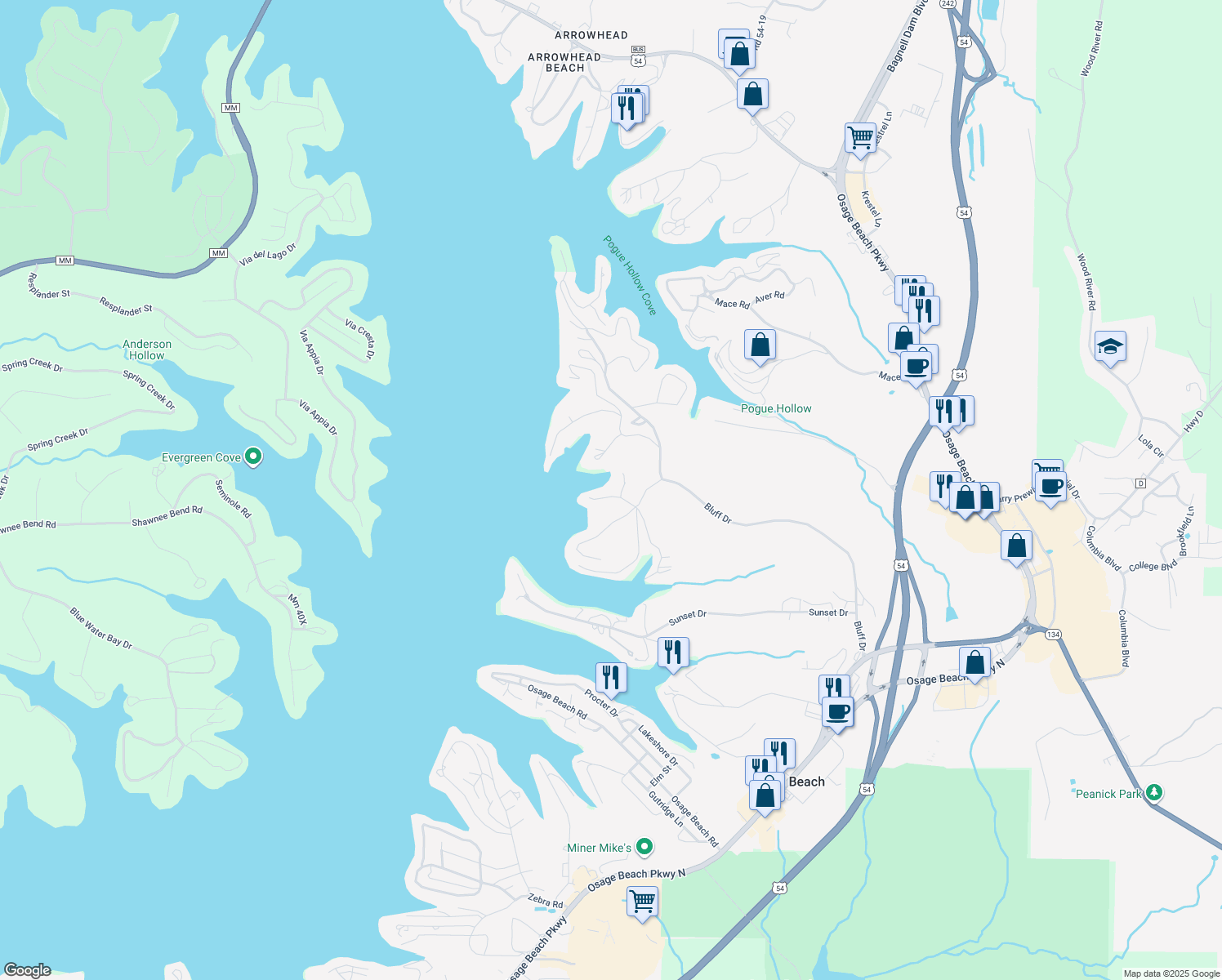 map of restaurants, bars, coffee shops, grocery stores, and more near 1360 Gerald Lane in Osage Beach