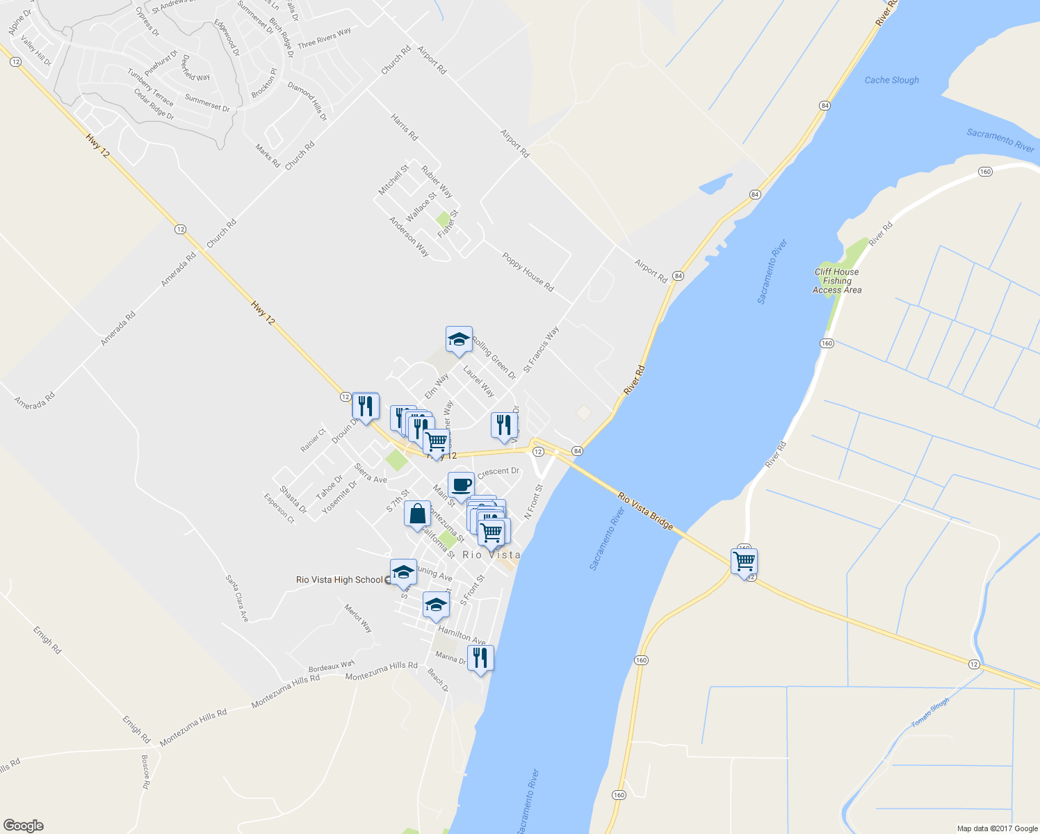 map of restaurants, bars, coffee shops, grocery stores, and more near 618 Virginia Drive in Rio Vista