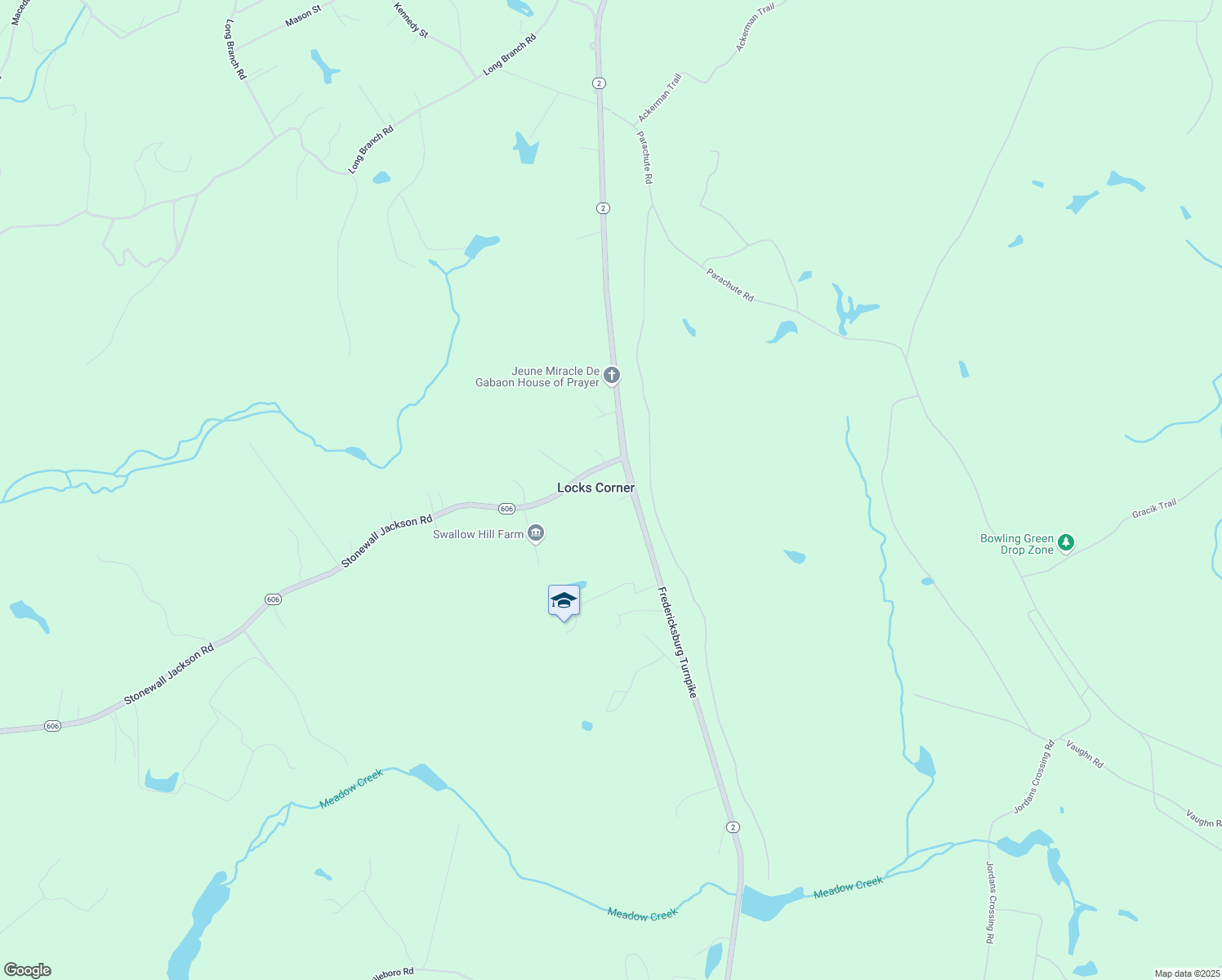 map of restaurants, bars, coffee shops, grocery stores, and more near 7244 Fredericksburg Turnpike in Woodford