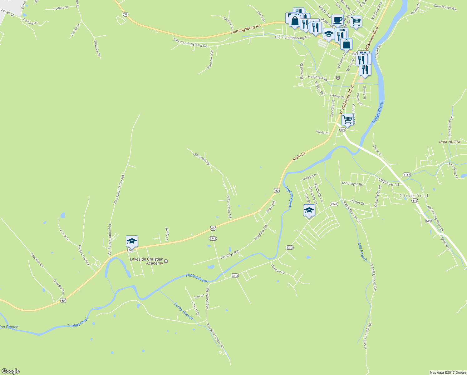 map of restaurants, bars, coffee shops, grocery stores, and more near 25 Dale Lane in Morehead