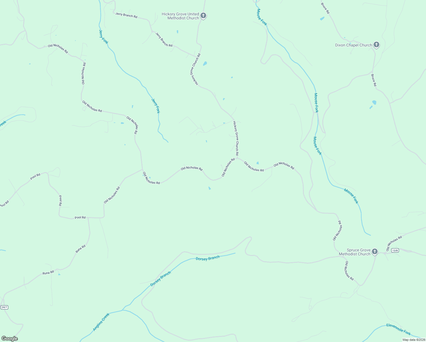 map of restaurants, bars, coffee shops, grocery stores, and more near 4454 Old Nicholas Road in Mount Nebo