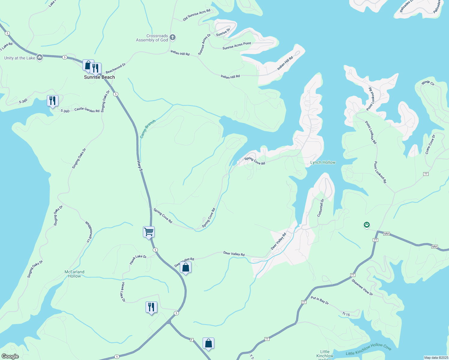 map of restaurants, bars, coffee shops, grocery stores, and more near Spring Cove Road in Sunrise Beach