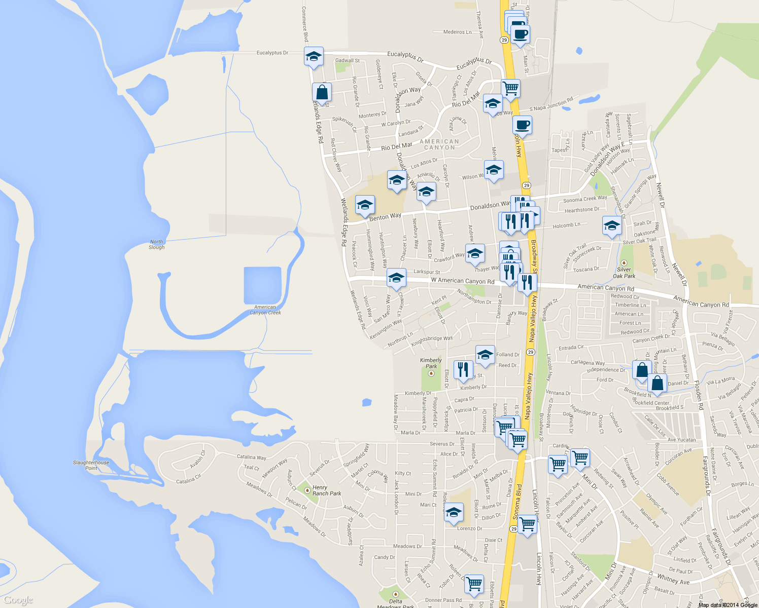 map of restaurants, bars, coffee shops, grocery stores, and more near 7 Bresso Ct in American Canyon