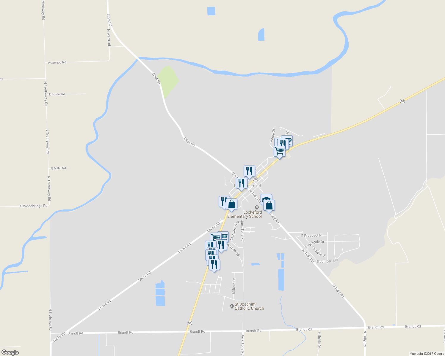 map of restaurants, bars, coffee shops, grocery stores, and more near 19949 North Ian Court in Lockeford