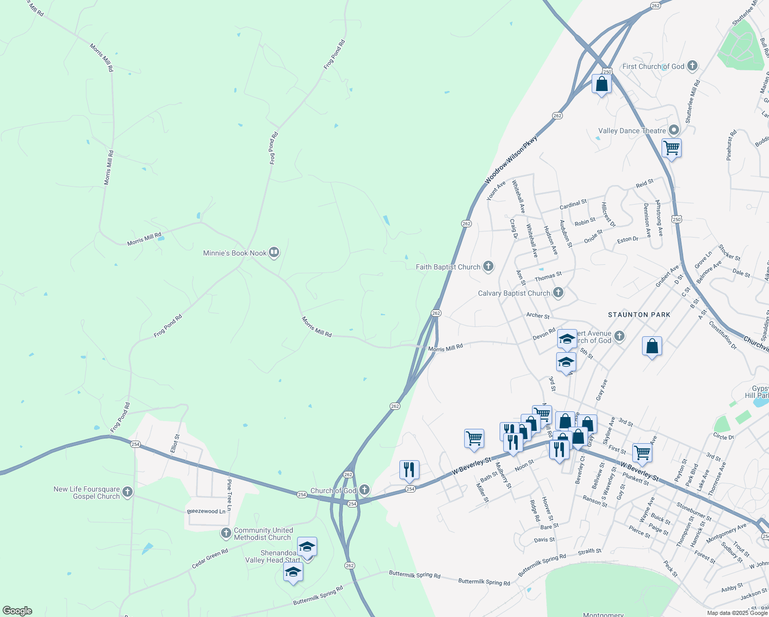 map of restaurants, bars, coffee shops, grocery stores, and more near 83 Blue Bird Lane in Staunton