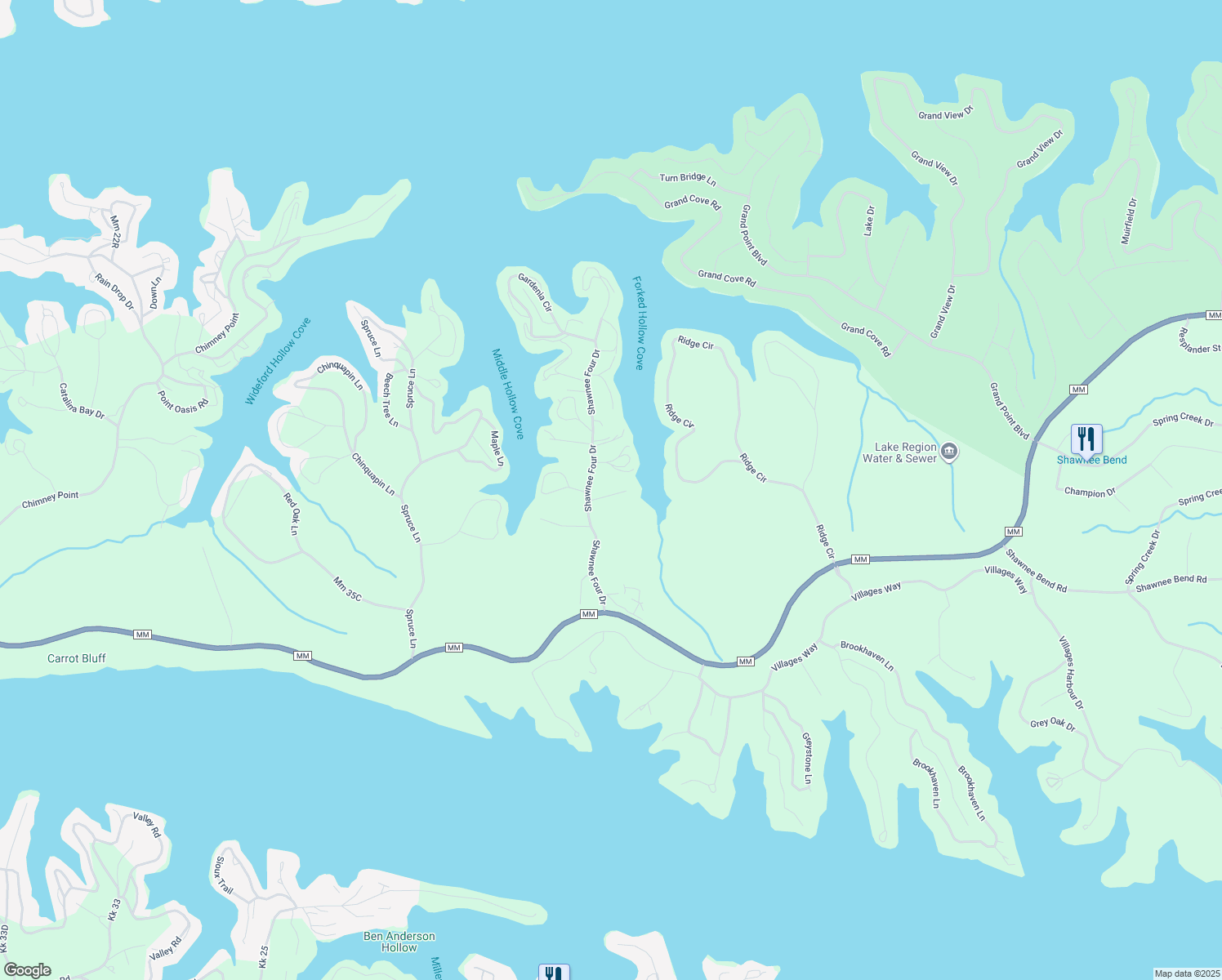 map of restaurants, bars, coffee shops, grocery stores, and more near 1-199 Niangua Rd in Sunrise Beach