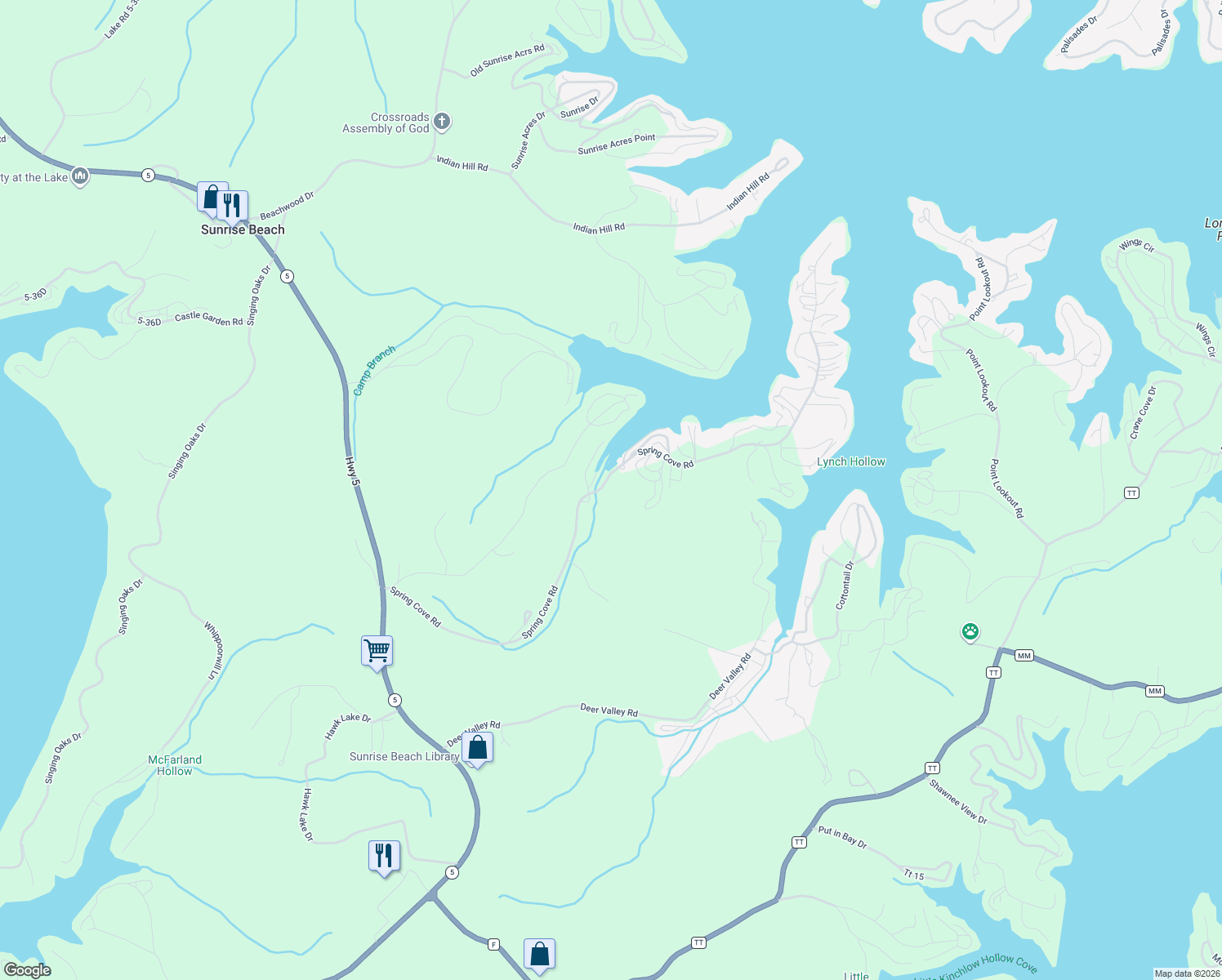 map of restaurants, bars, coffee shops, grocery stores, and more near 960 Spring Cove Road in Sunrise Beach