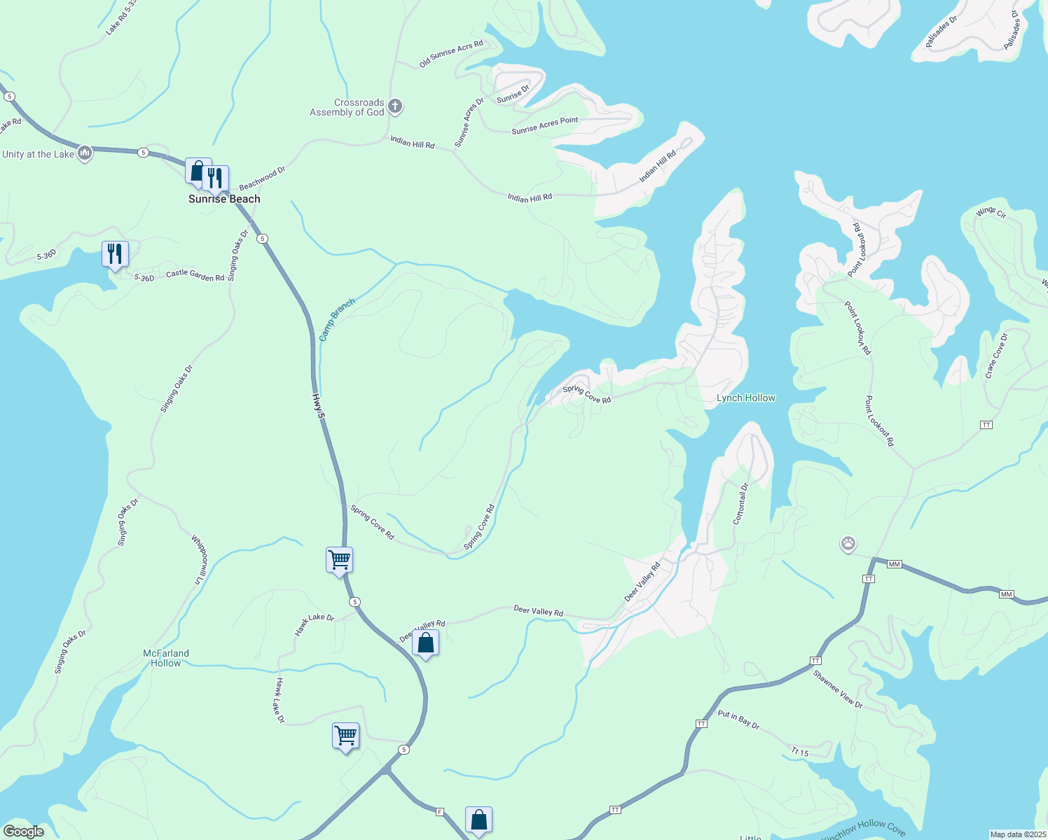 map of restaurants, bars, coffee shops, grocery stores, and more near Spring Cove Road in Sunrise Beach