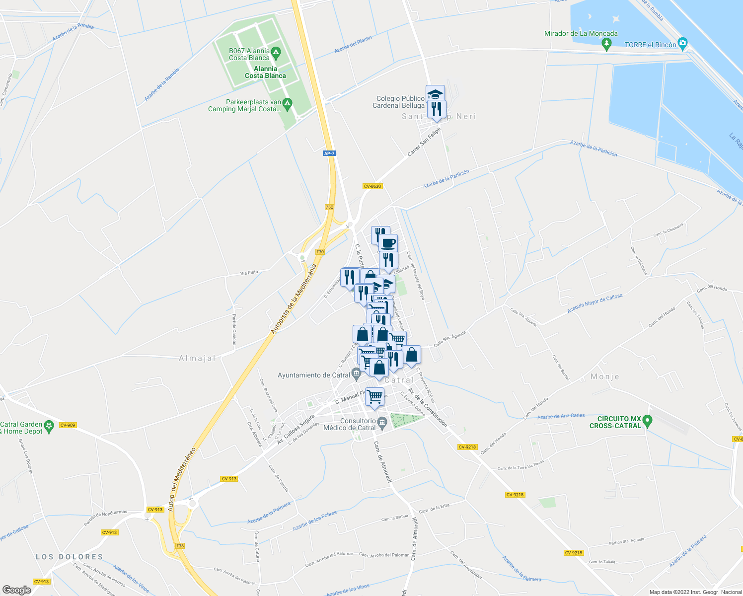 map of restaurants, bars, coffee shops, grocery stores, and more near 70 Calle la Purísima in Catral