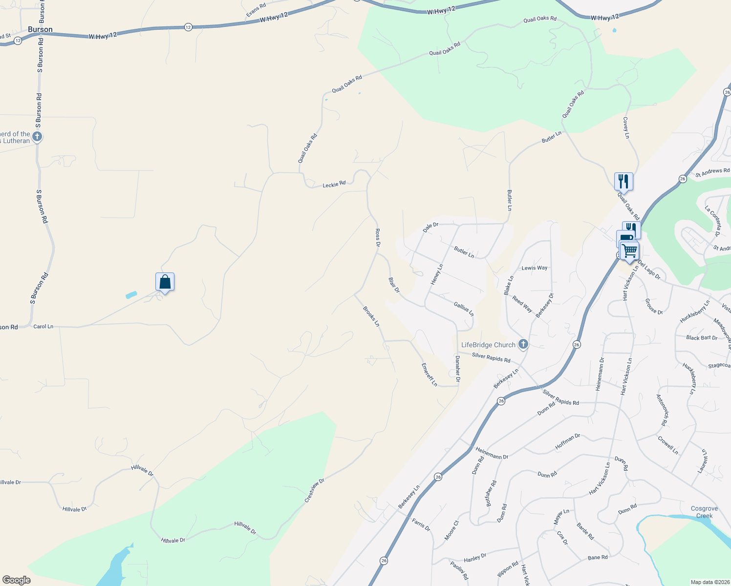 map of restaurants, bars, coffee shops, grocery stores, and more near 2651 Ross Drive in Valley Springs