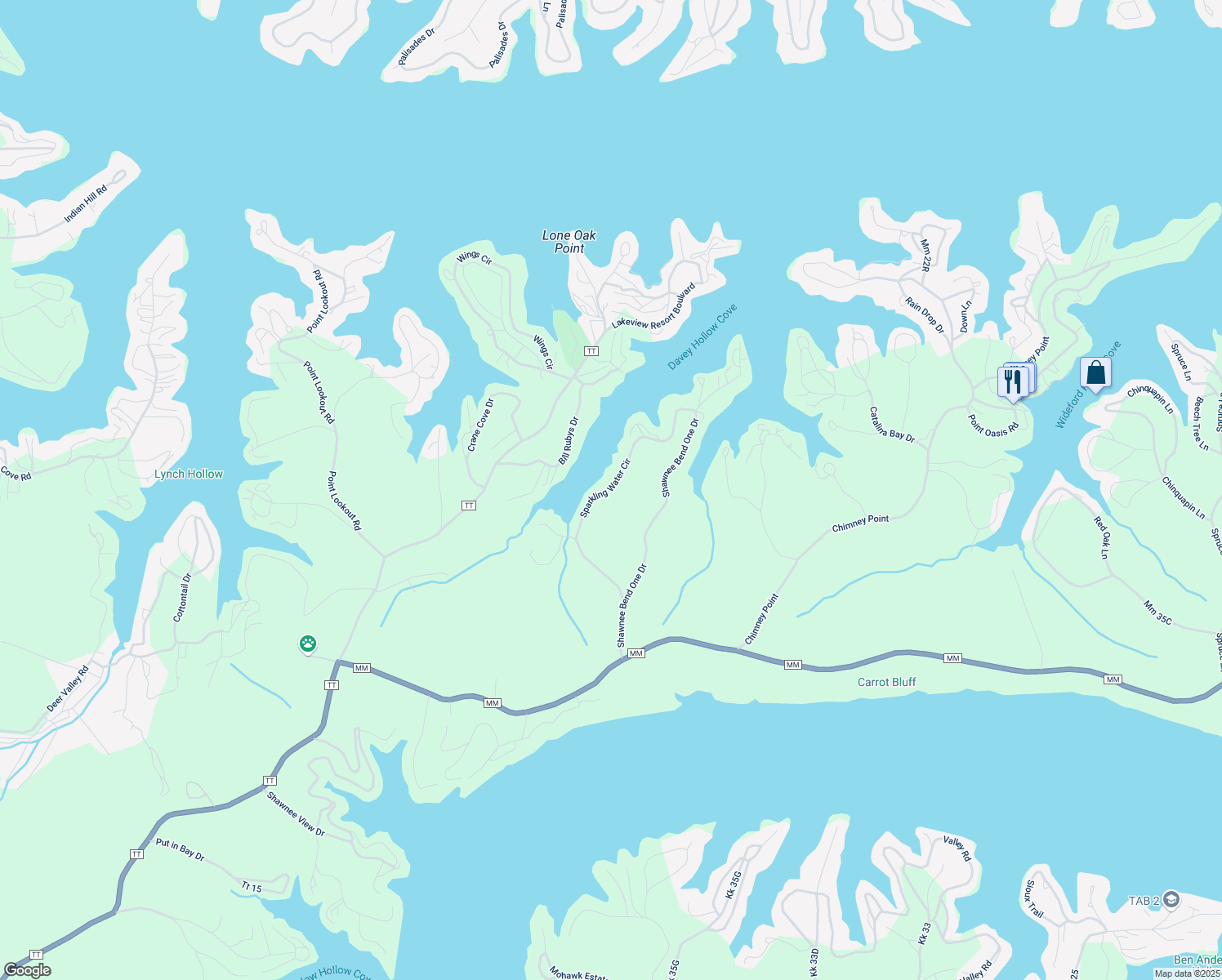 map of restaurants, bars, coffee shops, grocery stores, and more near Sparkling Water Circle in Sunrise Beach
