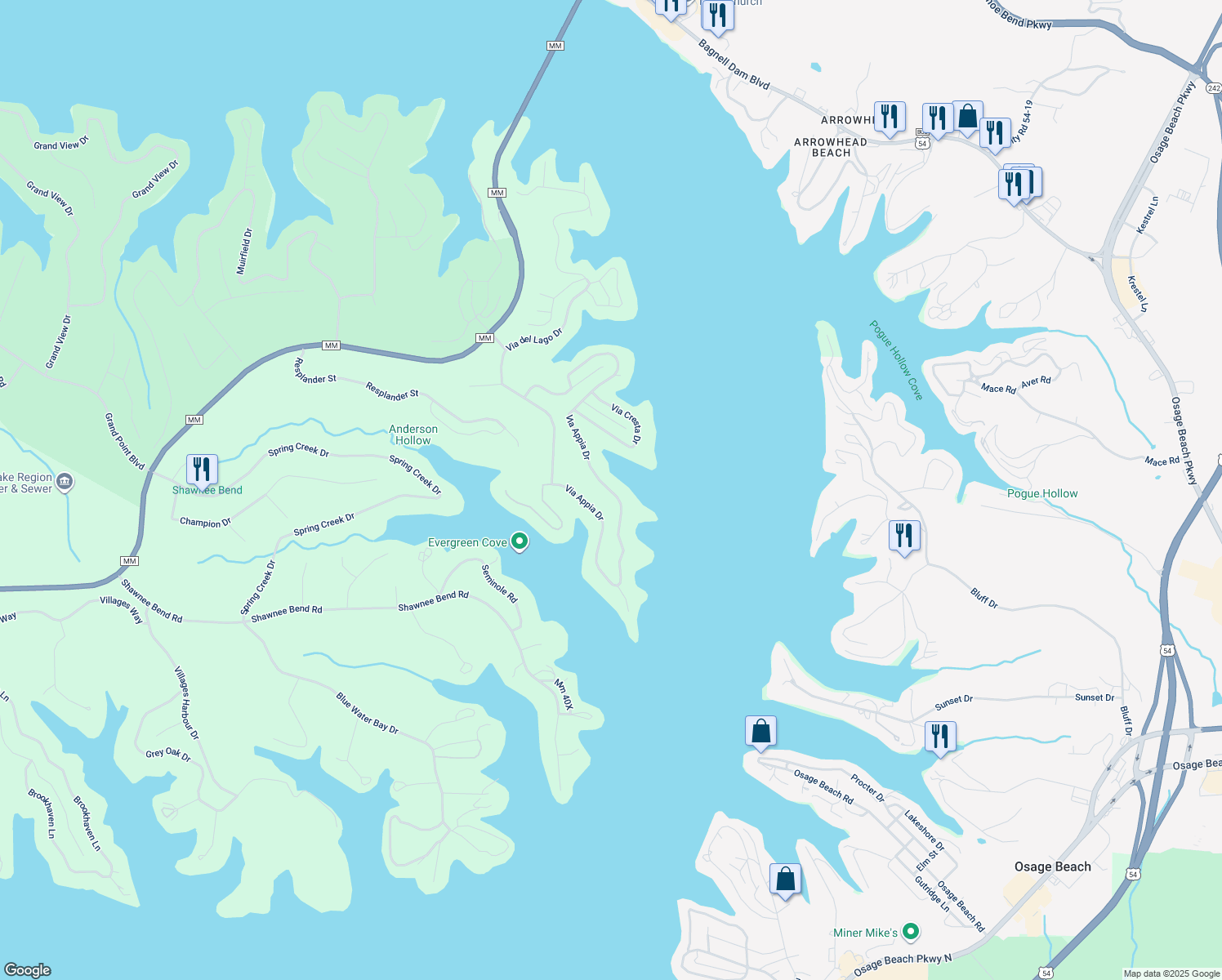 map of restaurants, bars, coffee shops, grocery stores, and more near 661 Via Appia Drive in Sunrise Beach