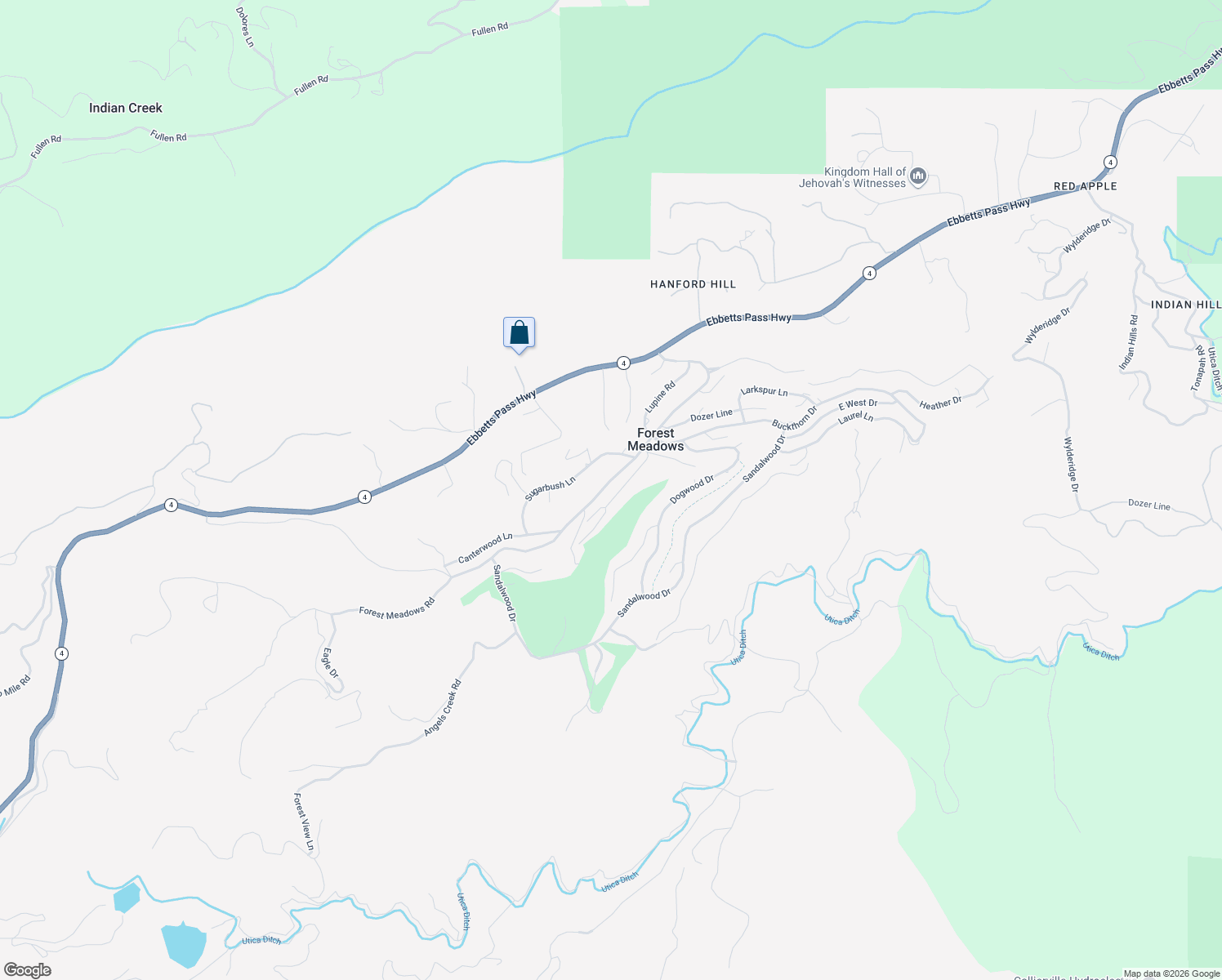 map of restaurants, bars, coffee shops, grocery stores, and more near 553 Forest Meadows Drive in Murphys