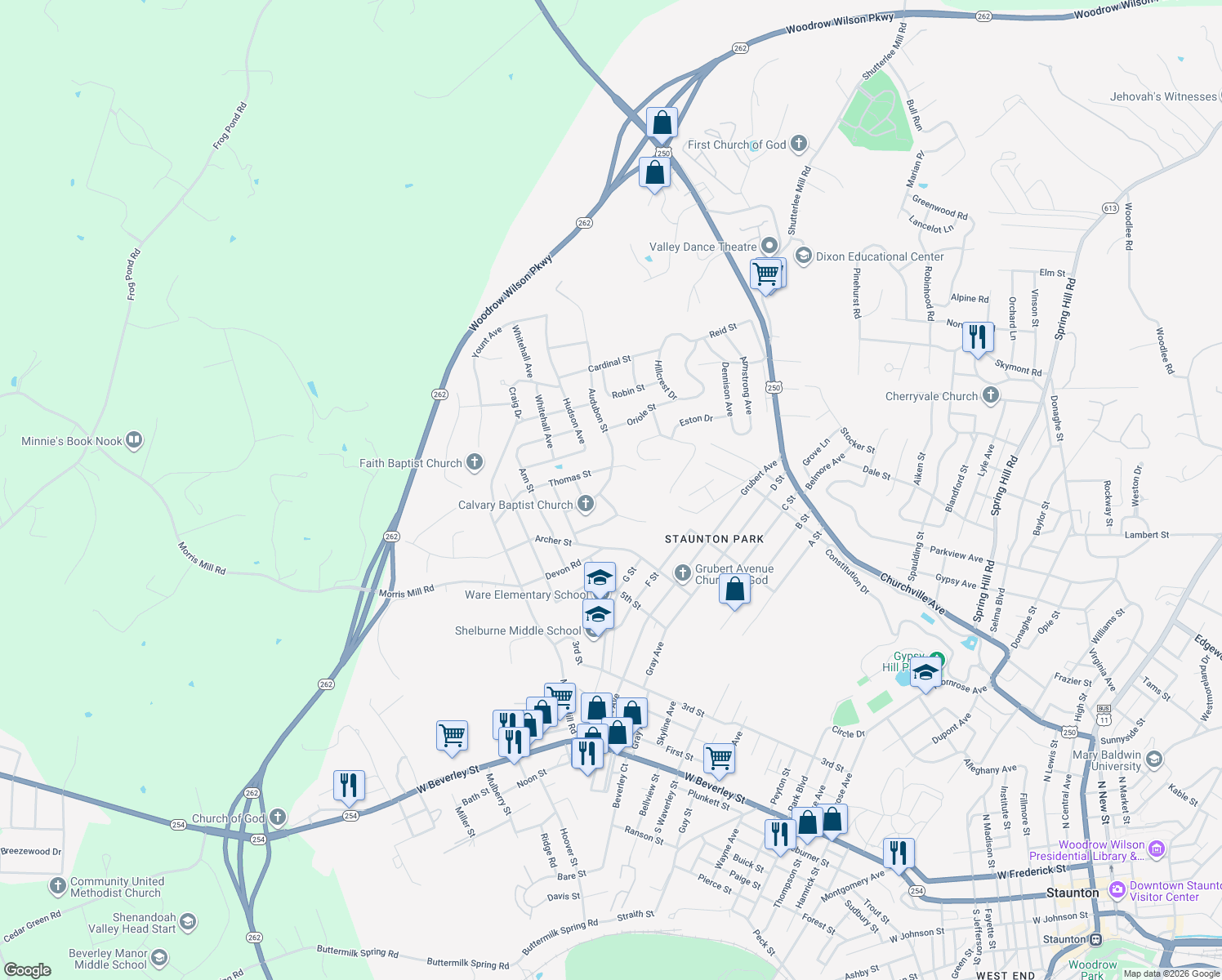 map of restaurants, bars, coffee shops, grocery stores, and more near 203 Garland Drive in Staunton