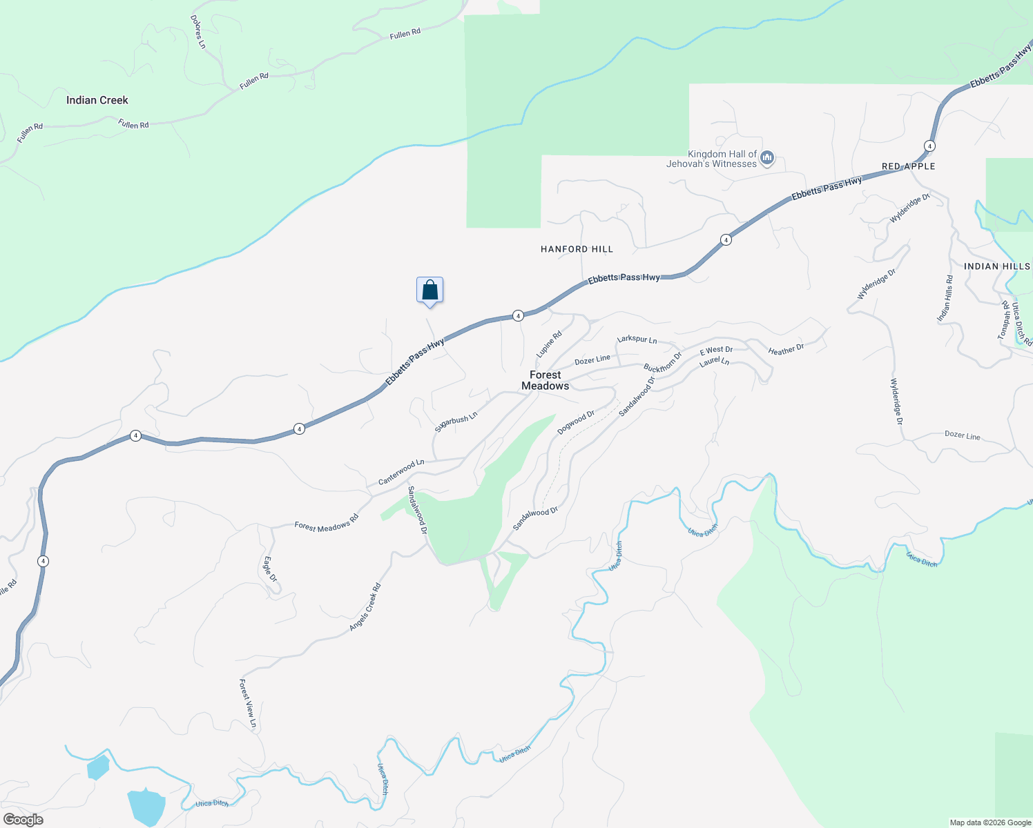 map of restaurants, bars, coffee shops, grocery stores, and more near 553 Forest Meadows Drive in Murphys