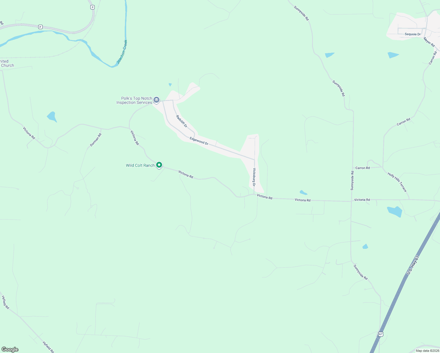 map of restaurants, bars, coffee shops, grocery stores, and more near 3403 Victoria Road in Festus