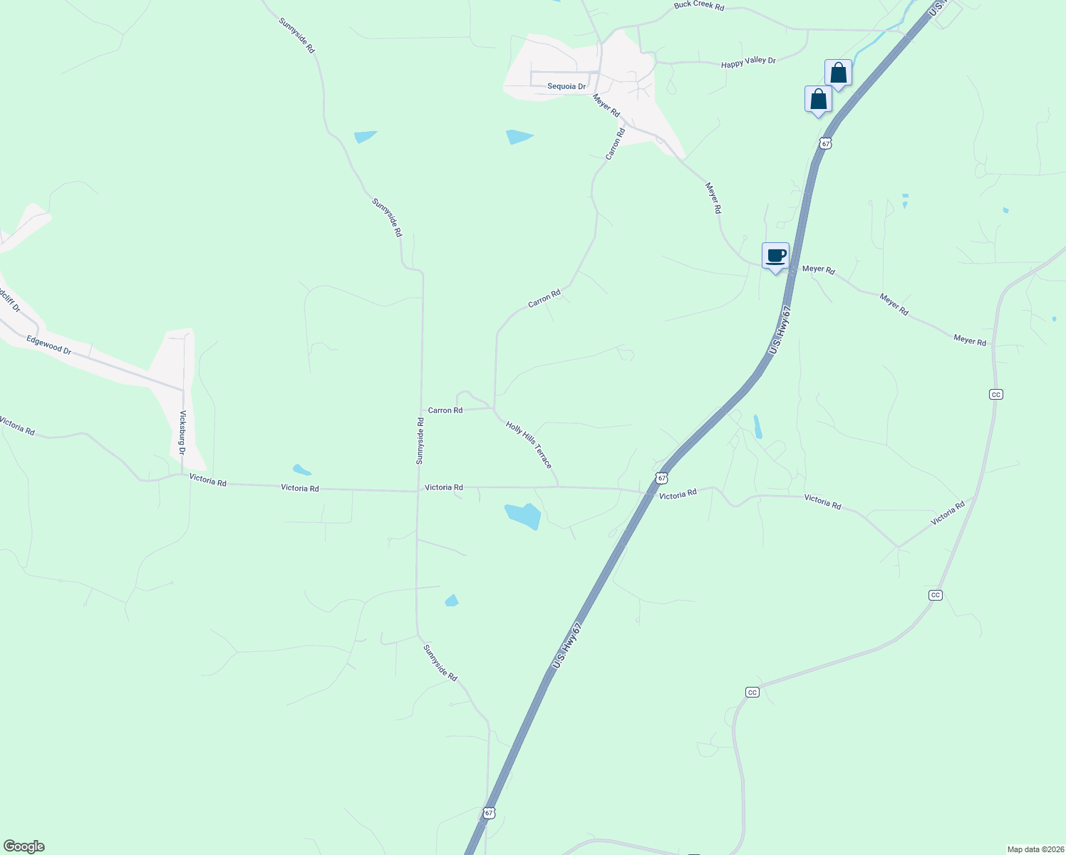 map of restaurants, bars, coffee shops, grocery stores, and more near 12648 Holly Hills Terrace in Festus