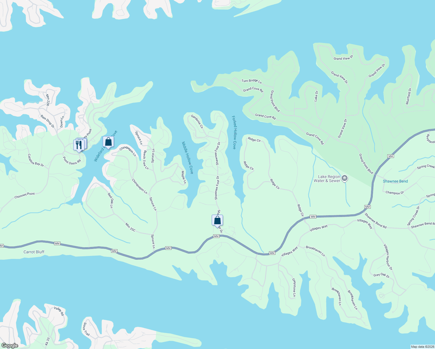 map of restaurants, bars, coffee shops, grocery stores, and more near Shawnee Four Drive in Sunrise Beach