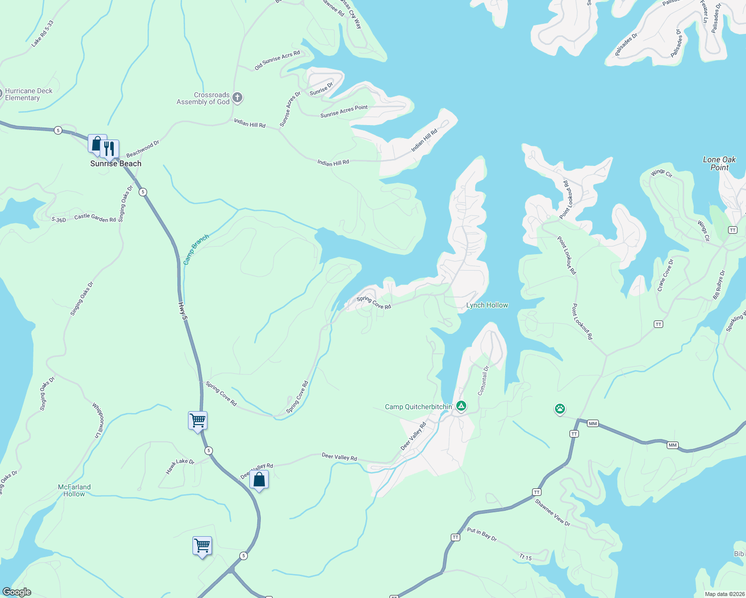 map of restaurants, bars, coffee shops, grocery stores, and more near 960 Spring Cove Road in Sunrise Beach