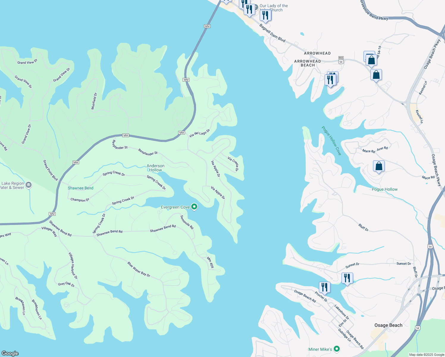 map of restaurants, bars, coffee shops, grocery stores, and more near 1281 Via Appia Drive in Sunrise Beach