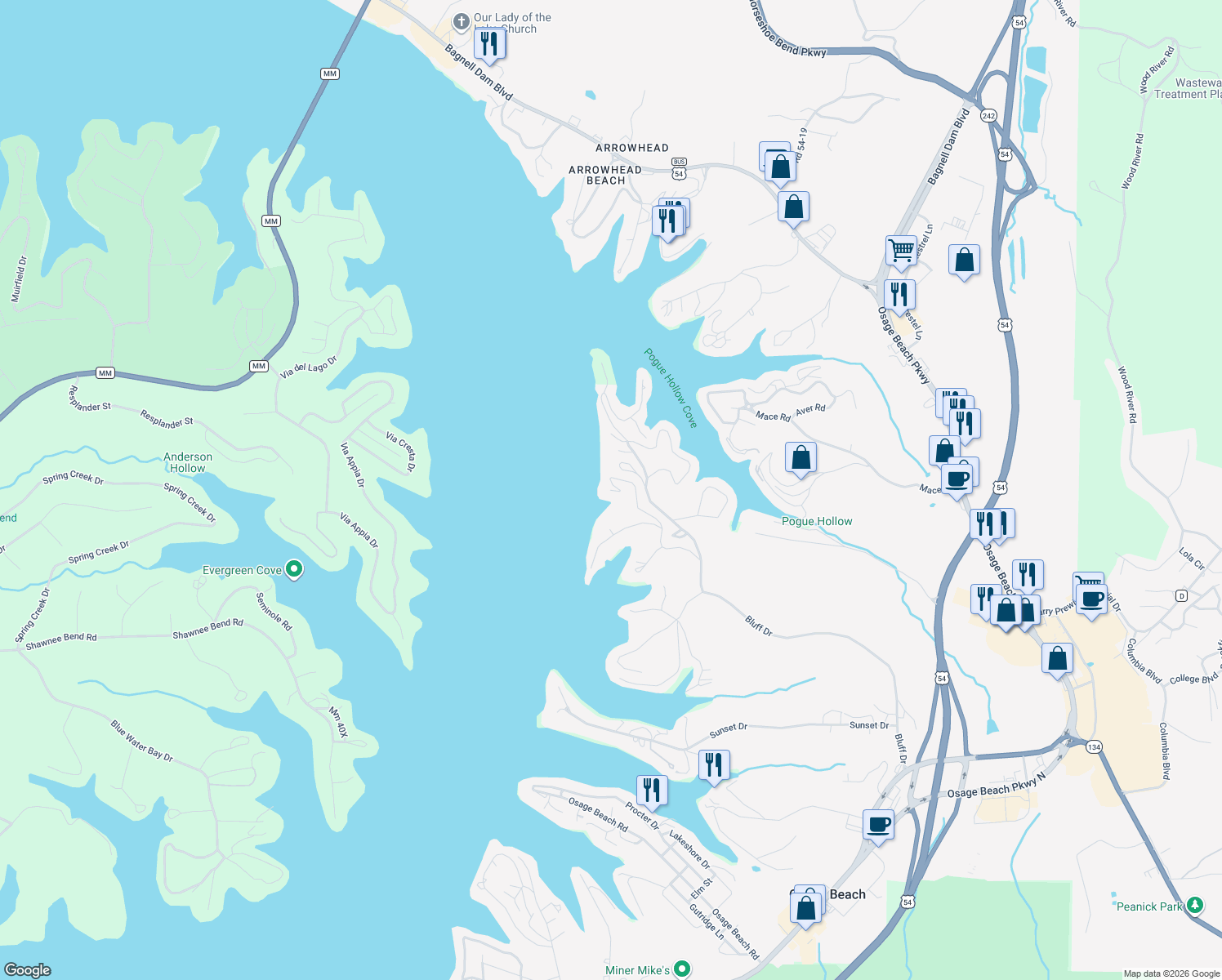 map of restaurants, bars, coffee shops, grocery stores, and more near 1498 Cedar Village Road in Osage Beach