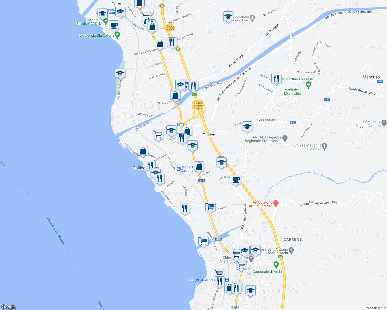 map of restaurants, bars, coffee shops, grocery stores, and more near 110 Via Nazionale Gallico in Reggio Calabria