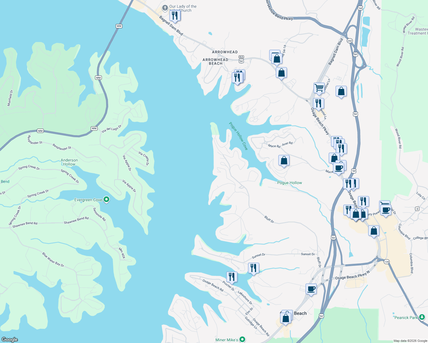 map of restaurants, bars, coffee shops, grocery stores, and more near 1400-1498 Cedar Village Road in Osage Beach