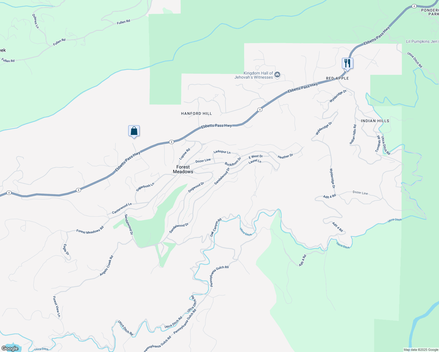 map of restaurants, bars, coffee shops, grocery stores, and more near 625 Dogwood Drive in Murphys