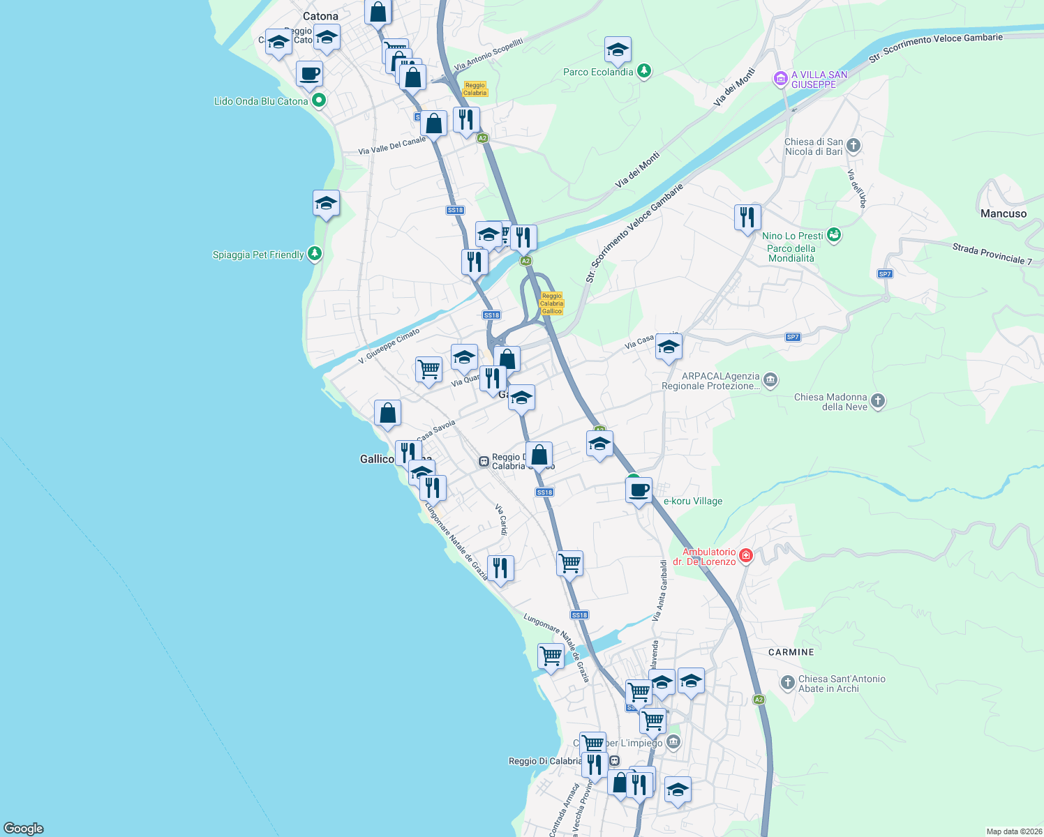 map of restaurants, bars, coffee shops, grocery stores, and more near 110 Via Nazionale in Reggio Calabria