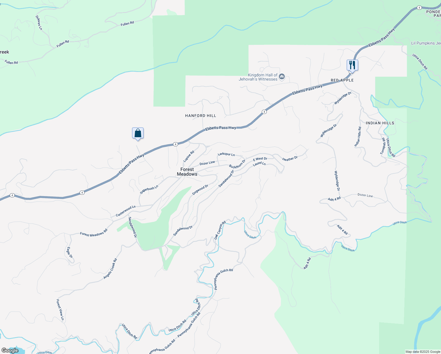 map of restaurants, bars, coffee shops, grocery stores, and more near 625 Dogwood Drive in Murphys