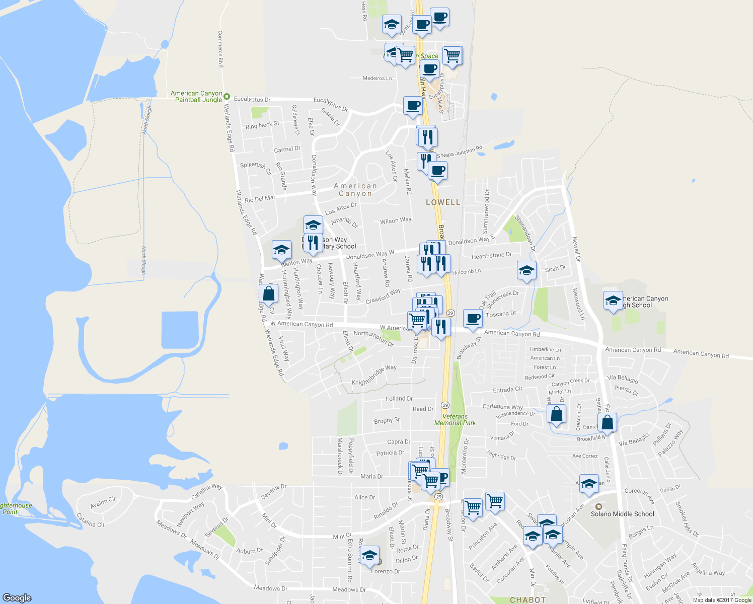 map of restaurants, bars, coffee shops, grocery stores, and more near 97 Crawford Way in American Canyon