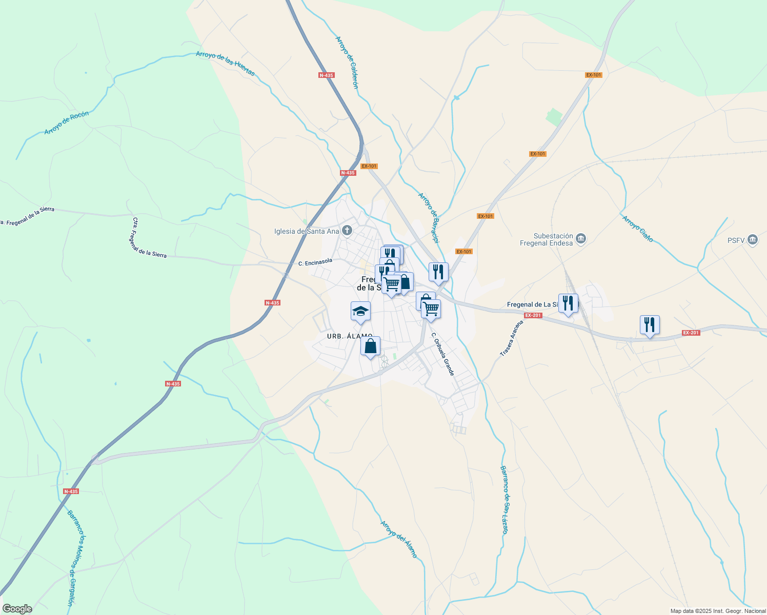 map of restaurants, bars, coffee shops, grocery stores, and more near 38 Calle Arias Montano in Fregenal de la Sierra
