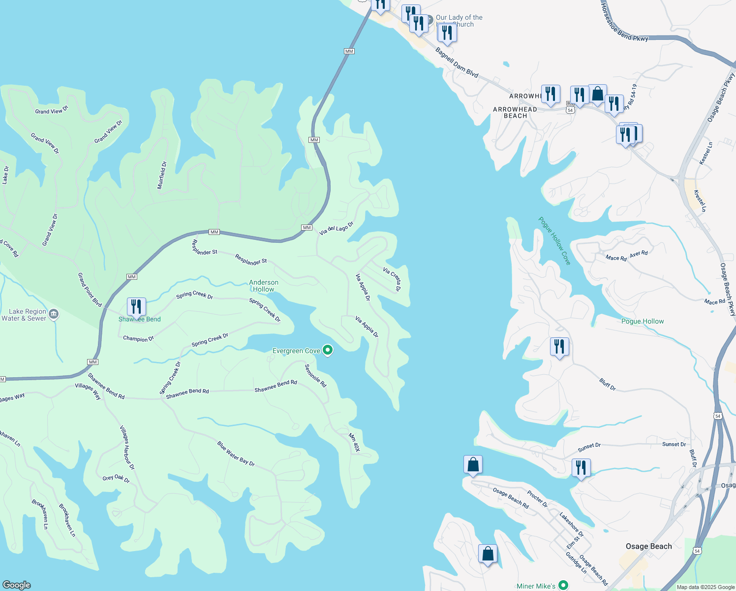 map of restaurants, bars, coffee shops, grocery stores, and more near 1281 Via Appia Drive in Sunrise Beach