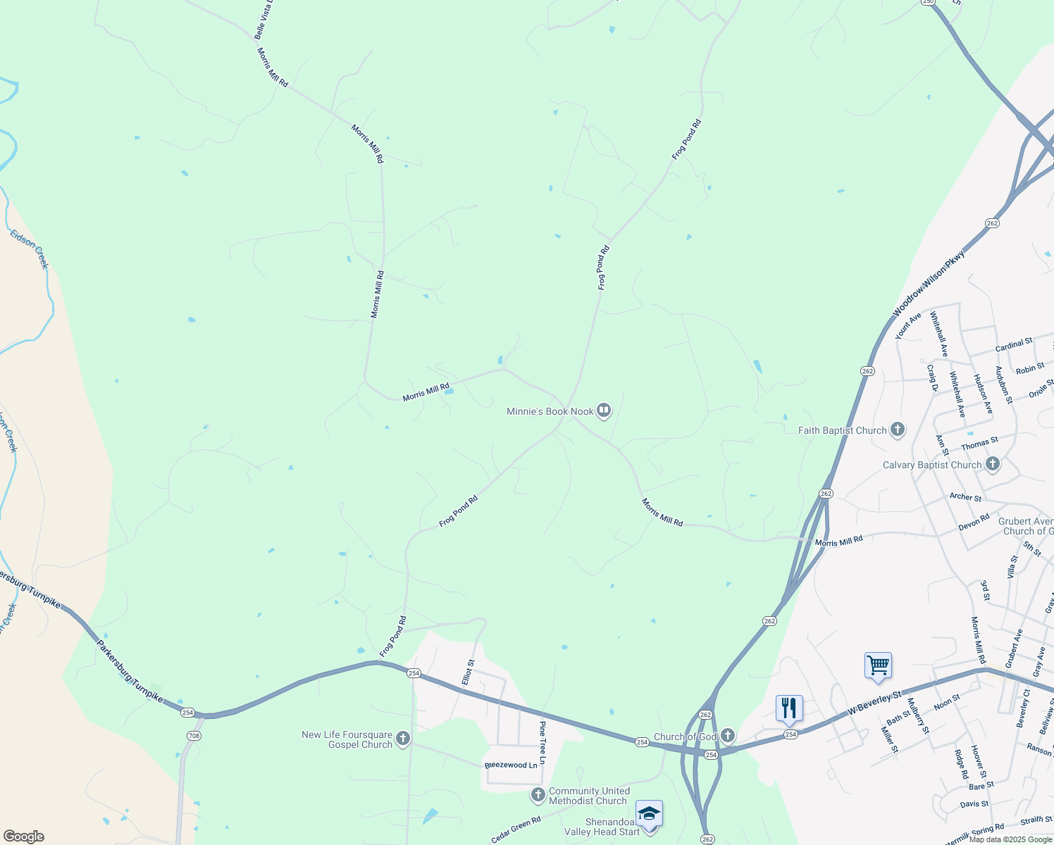 map of restaurants, bars, coffee shops, grocery stores, and more near 2810 Morris Mill Road in Staunton