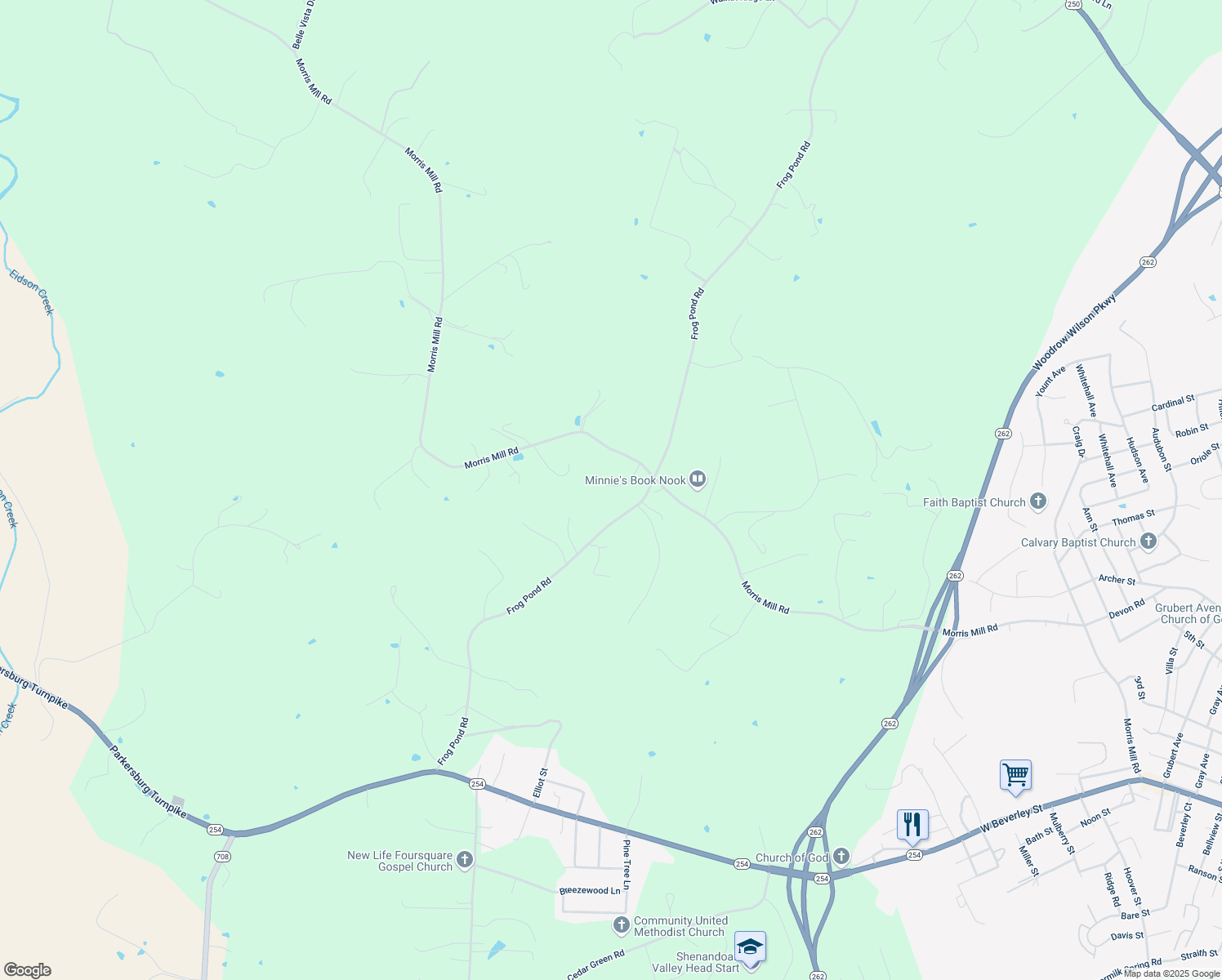 map of restaurants, bars, coffee shops, grocery stores, and more near 2810 Morris Mill Road in Staunton
