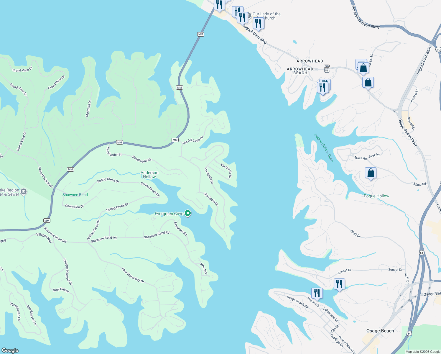 map of restaurants, bars, coffee shops, grocery stores, and more near 1600-1698 Via Cresta Dr in Sunrise Beach