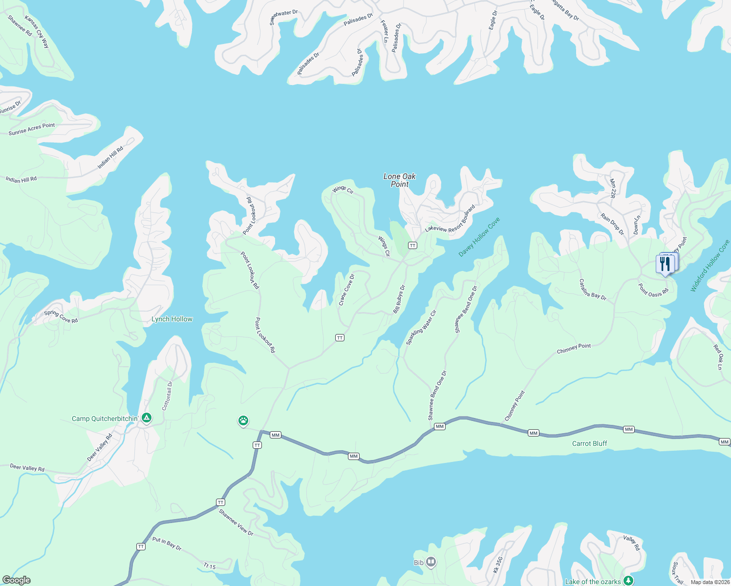map of restaurants, bars, coffee shops, grocery stores, and more near 67 Old Sawmill Road in Sunrise Beach